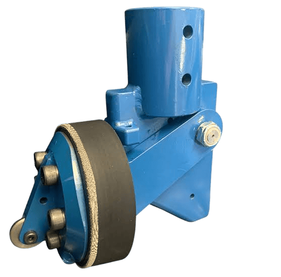 Blue industrial pipe bevelling tool used in pipeline services, featuring a central cylindrical mount and a rotating cutting head.