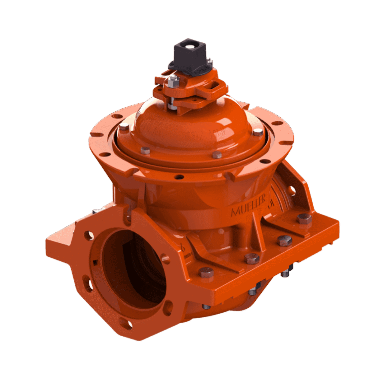 Orange Mueller industrial valve with a square actuator on top, used in pipeline services.